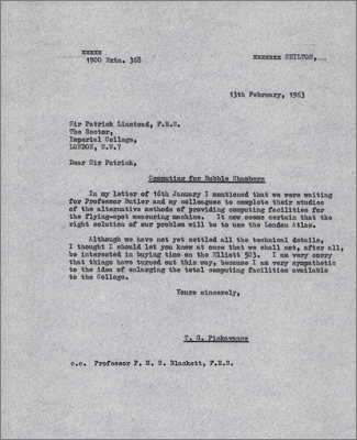 Letter to Sir Patrick Linstead informing him that the Elliott 503 will no longer be required for the flying-spot measuring machines (13 February 1963)