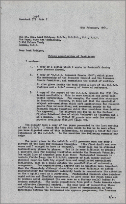 Letter to Lord Bridges (plus draft) concerning future organisation of institutes wrt DSIR, government ministries and research councils (15 February 1963)