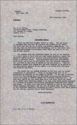 Letter to HJ Millen, UKAEA concerning financial figures given in the Cockcroft Report (27 February 1963)