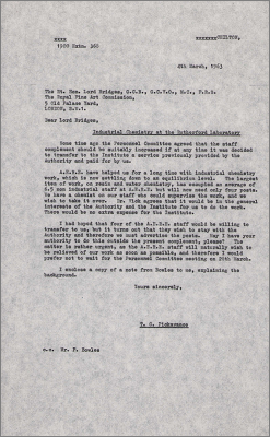 Letter to Lord Bridges concerning staff for industrial chemistry work at Rutherford Laboratory (4 March 1963)