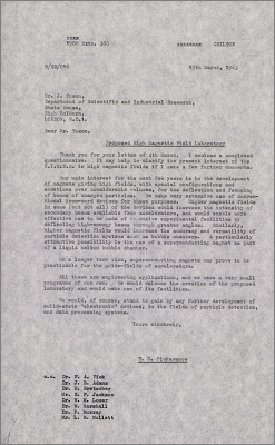 Letter to J Tuson, DSIR concerning the proposed High Magnetic Field Laboratory (15 March 1963)