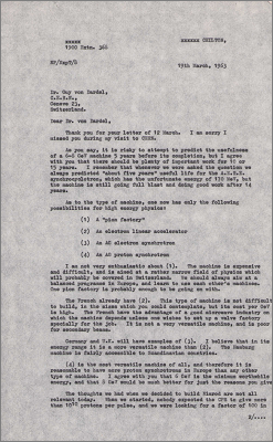 Letter to Guy von Dardel, CERN discussing the design of a new accelerator (19 March 1963)