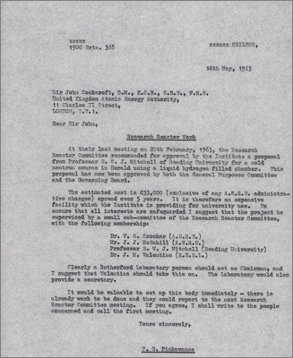 Letter to Sir John Cockcroft concerning research using a cold neutron source and the Herald reactor (14 May 1963)