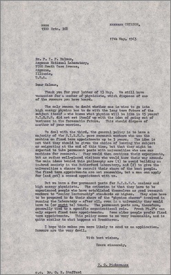 Letter to PIP Kalmus, Argonne National Laboratory describing the typical career path at NIRNS for high energy physicists (17 May 1963)