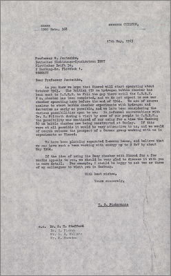 Letter to W Jentschke, DESY concerning the status of various bubble chambers and an update on Nimrod (17 May 1963)