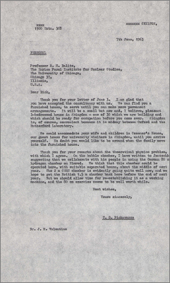 Letter to RH Dalitz, Enrico Fermi Institute, Chicago concerning his accommodation and thanking him for his remarks about the bubble chamber (7 June 1963)