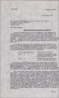 Letter to Lord Bridges concerning accommodation for the AERE and NIRNS Electronics Groups (10 June 1963)
