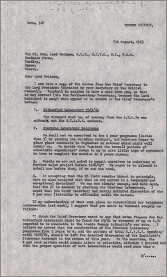 Letter to Lord Bridges concerning NIRNS finances (7 August 1963)