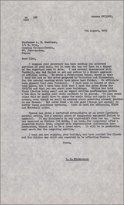 Letter to AW Merrison while on holiday giving an update on NIRNS finance negotiations, progress on Nimrod and progress on Orion (7 August 1963)