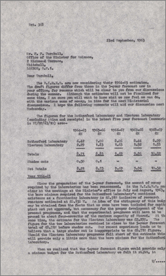 Letter to FF Turnbull, Office of the Minister for Science concerning financial forcasts for the Rutherford and the Electron Laboratories (23 September 1963)
