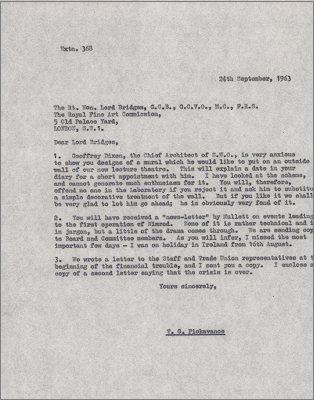 Letter to Lord Bridges concerning the mural proposed for the side of the Lecture Theatre and first operation of Nimrod (24 September 1963)