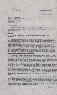 Letter to RA Thompson, Office of the Minister for Science concerning funding for NIRNS VHF Beam Reactor and considerations wrt other British reactors (27 September 1963)
