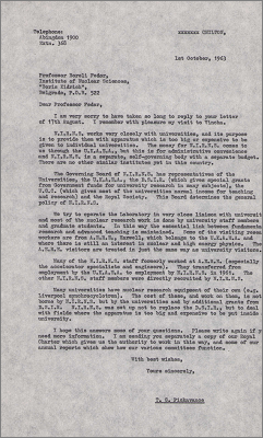 Letter to Prof Fedor, Belgrade outlining the organisation and funding of NIRNS (1 October 1963)