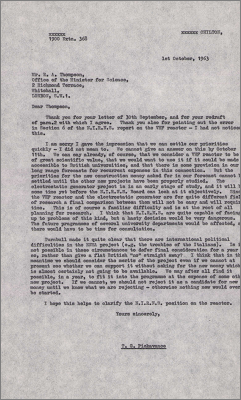 Letter to RA Thompson, Office of the Minister for Science clarifying the NIRNS position on the VHF reactor; mentions the Italian(?) ENEA project (1 October 1963)