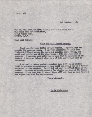 Letter to Lord Bridges concerning the mural for the Lecture Theatre (2 October 1963)