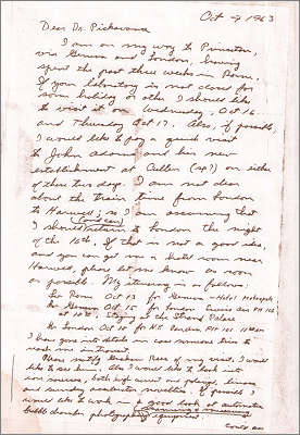 Handwritten letter from Milton White, Director of Princeton-Pennsylvania Accelerator Laboratory mostly concerning his travel arrangements (4 October 1963)