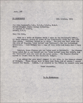 Letter to Sir John Cockcroft concerning "rock-bottom" funding for 1964/5 and "rational" funding subsequently (15 October 1962)