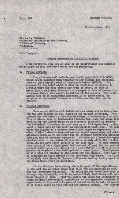 Letter to RA Thompson, Office of the Minister for Science with further comments on funding projections (22 October 1963)