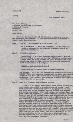 Letter to JR Brough, Office of the Minister for Science with suggested amendments on funding (8 November 1963)