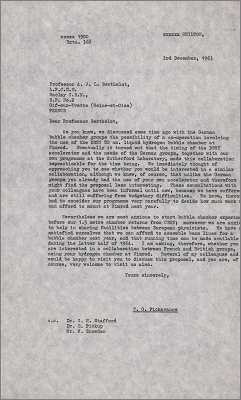 Letter to Prof AJL Berthelot, Saclay concerning possible bubble chamber collaborative work (3 December 1963)