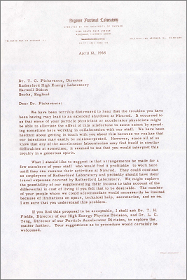 Correspondence with Robert Sachs, Associate Director, Argonne offering a temporary home for some RHEL staff during the shutdown of Nimrod, and reply from Pickavance with a status update on Nimrod (12 and 21 April 1965)