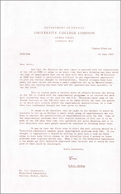 Correspondence with EHS Burhop, UCL proposing a seminar to discuss possible experiments on the new ISR at CERN, and reply from Pickavance (24 and 29 June 1965)