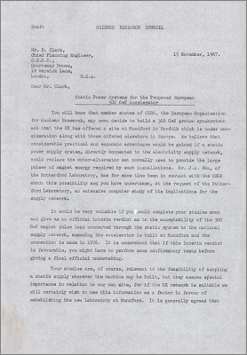 Letter to D Clark, Chief Planning Engineer, CEGB concerning a static power system for the proposed European 300 GeV accelerator at Mundford, Norfolk (15 November 1967)