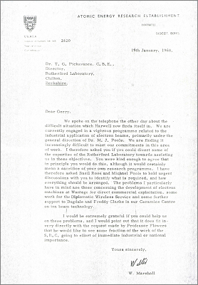 Letter from Walter Marshall, Harwell concerning staffing for industrial applications of electron beams projects, and Pickavance reply suggesting W Walkinshaw, LCW Hobbis and JD Lawson may be able to help (19 and 29 January 1968)