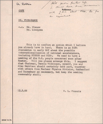 Memo from WL Francis, Harwell concerning ECFA discussions about internationalisation of national accelerators including Nimrod and NINA (12 March 1968)