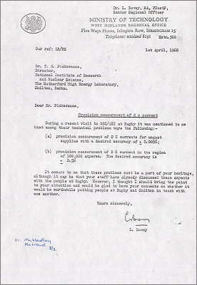 Letter from L Bovey, Minstry of Technology enquiring when RHEL has experience in the precision measurement of DC current so could advise GEC/AEI at Rugby, and Pickavance reply (1 and 4 April 1968)