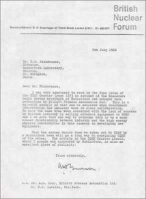 Correspondence with GH Greenhalgh, British Nuclear Forum expressing delight at the recent article in the CERN Courier concerning the Miniature Logic System developed by Rutherford and Elliott Process Automation Ltd, and Pickavance reply suggesting a meeting (9 and 11 July, 25 September 1968)