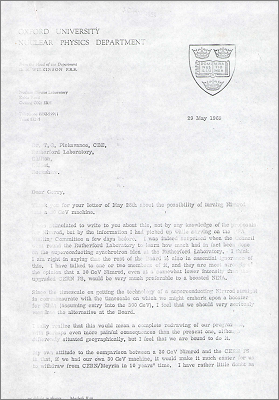 Letter from Denys Wilkinson, Oxford concerning a 30 GeV version of Nimrod, a boosted NINA and the CERN/Meyrin PS (29 May 1969; original is very faint so a high-contrast version is included)