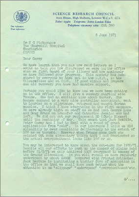 Letter from John Clemow, SRC with news from the office and updates on the HFBR, Nimrod or NINA close-down, and CERN Council (8 June 1971)