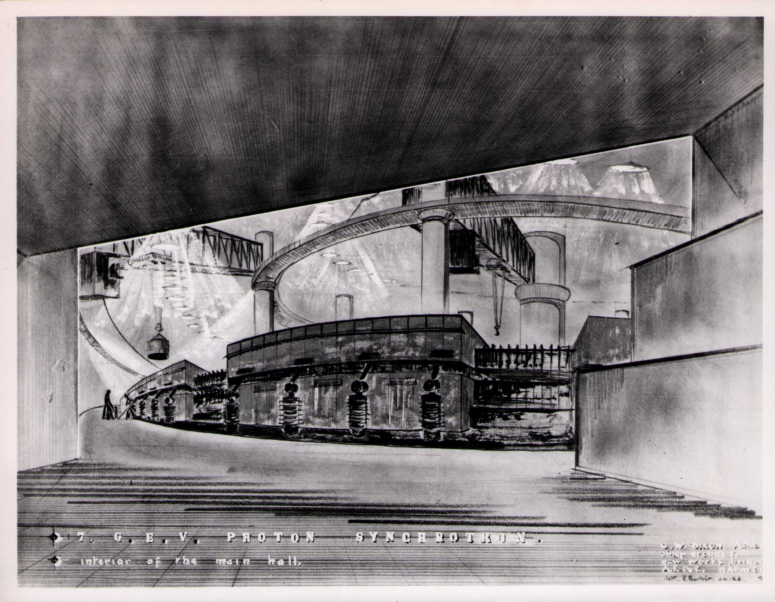 Sketch of Nimrod Magnet Hall as seen from outside The Bung. "7 GeV Proton Synchrotron / Interior of the Main Hall / GW Dixon ARIBA" (B4702)