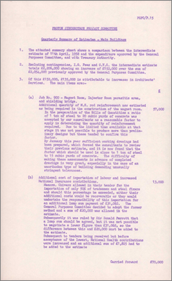 NI(GP)(58)7 and PSPC/P15 Increased estimate/Quarterly summary of cost of Main Building for the 7 GeV Proton Synchrotron (Revised estimates paper by GW Dixon, 15 May 1958)