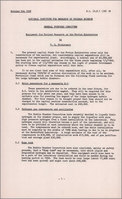 NI(GP)(58)18 Equipment for nuclear research on the Proton Synchrotron (Requirement for fixed services for LHBC including motor generators for magnet, hydrogen gas compressors and 17,000 cubit feet dump tank, 9 October 1958)