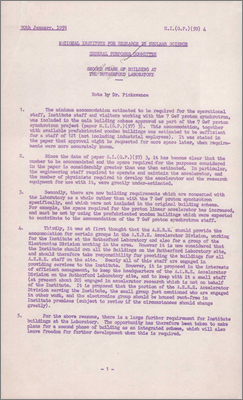NI(GP)(59)4 Second phase of building at Rutherford Laboratory (Original number of staff underestimated, AERE staff should have accommodation within Laboratory, need for additional buildings (30 January 1959)