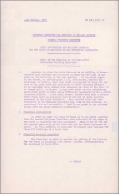 NI(GP)(59)37 Civil engineering and building contract for the Phase II buildings at the Rutherford Laboratory (Contract extension to be awarded to Chivers; their offer to extend the work on the same terms as for Phase I has had to be withdrawn so new costs and contract apply, 14 October 1959)