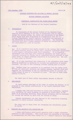 NI(GP)(59)43 also PSPC/P56 Additional requirements for Nimrod power supply (Following failure of Bevatron power supply, re-examination of Nimrod power supply and recommended improvements and to enable single-alternator working, 1? October 1959)