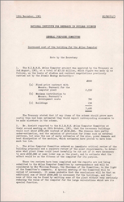 NI/GP/62/3 Increased cost of the building for the Atlas Computer (19 December 1961)