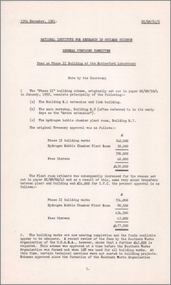 NI/GP/62/6 Fees on Phase II at the Rutherford Laboratory (R1 extension and link, R9 Main Workshop, Hydrogen Bubble Chamber Plant Room, 19 December 1961)