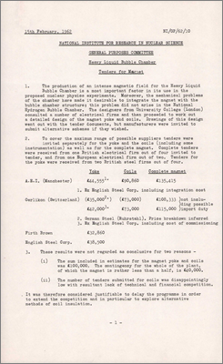 NI/GP/62/10 Heavy Liquid Bubble Chamber Magnet: Tender information (23 February 1962)