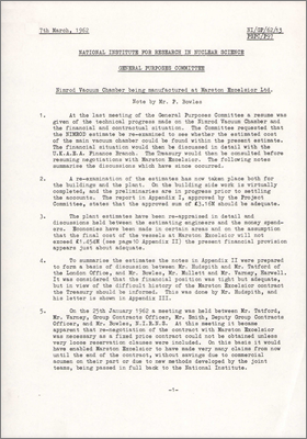 NI/GP/62/13 also PSPC/P97 Nimrod Vacuum Chamber being manufactured at Marston Excelsior Ltd (includes details of contract renegotiation, 7 March 1962)