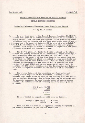 NI/GP/62/16 Rutherford Laboratory Electrical Power Distribution Network (8 March 1962)