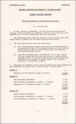 NI/GP/63/7 Hostel accommodation for university visitors (Discusses extension/conversion of Coseners, Chilton and Lime Tree Houses, 4 February 1963)