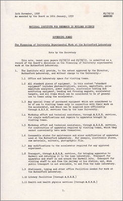 NI/63/22 (reissued): The Financing of University Experimental Work at the Rutherford Laboratory (Original 14 November 1958; amended 16 January 1959; this version issued with NI/63/12)
