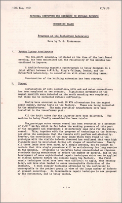 NI/61/8: Progress at the Rutherford Laboratory (16 May 1961)