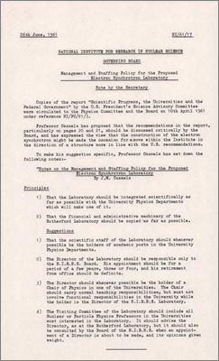 NI/61/17: Management and staffing policy for the proposed Electron Synchrotron Laboratory (26 June 1961)