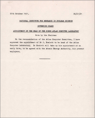 NI/61/21: Appointment of the Head of the Atlas Computer Laboratory (26 October 1961)