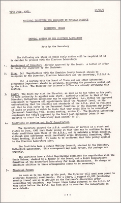 NI/62/6: Initial action on the Electron Laboratory (12 July 1962; includes suggestion that it is called the Thomson High Energy Laboratory); addendum Draft Press Statement (16 July 1962)